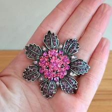 Vintage Stunning Estate Flower Floral Brooch Pink Rhinestones Silver Tone 2"