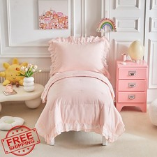 UOZZI BEDDING Ruffled Lace Toddler Bedding Set Light Pink 4 pc