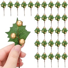 Thiccywoov 30 Pack Artificial Holly Berry Picks Gold Christmas Decoration