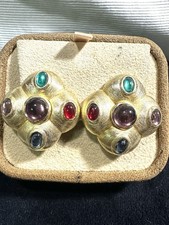 Vtg Designer Maresca Multicolored Glass Cabochon Clip On Earrings