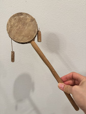 Native American Handheld Wood & Hide Rattle Drum Percussion w/ Wooden Handle