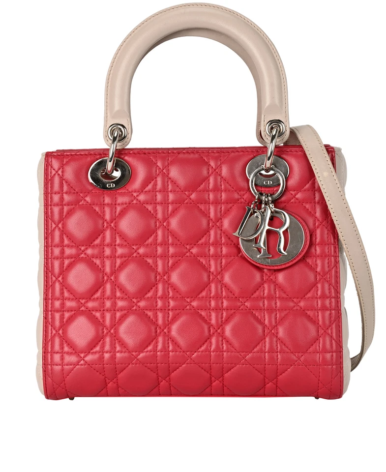 Christian Dior Medium Lady Dior Crossbody Handheld Leather Grey Pink