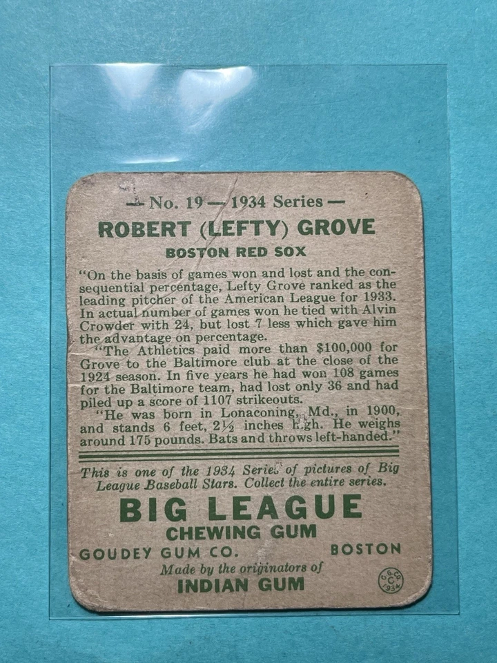 Tarjeta Goudey Lefty Grove 1934 #19-Medias Rojas de Boston-grado bajo Foto 2 de 2