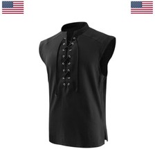 Men's Medieval Pirate Sleeveless Tunic Renaissance Viking Stand Collar Lace-Up