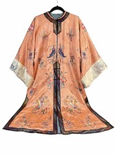 Antique Chinese Apricot Embroidered Robe Butterflies Floral Ground Silk  