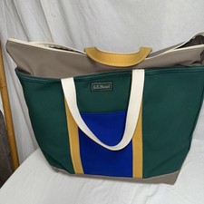 LL Bean Canvas Boat and Tote Large Khaki Blue Green Trim Color Blocking Zip Top