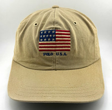 Vintage Polo By Ralph Lauren Hat USA Flag Khaki Adjustable Made In USA