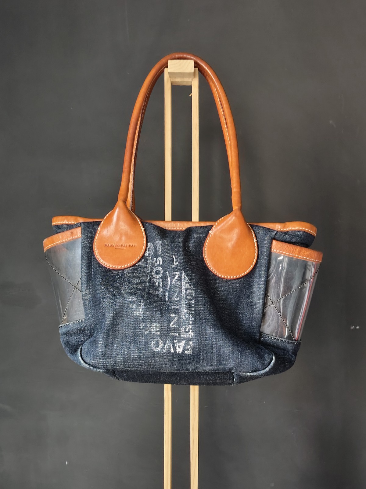 Nannini Borsa a mano e a spalla in denim blu manici pelle inserti trasparenti