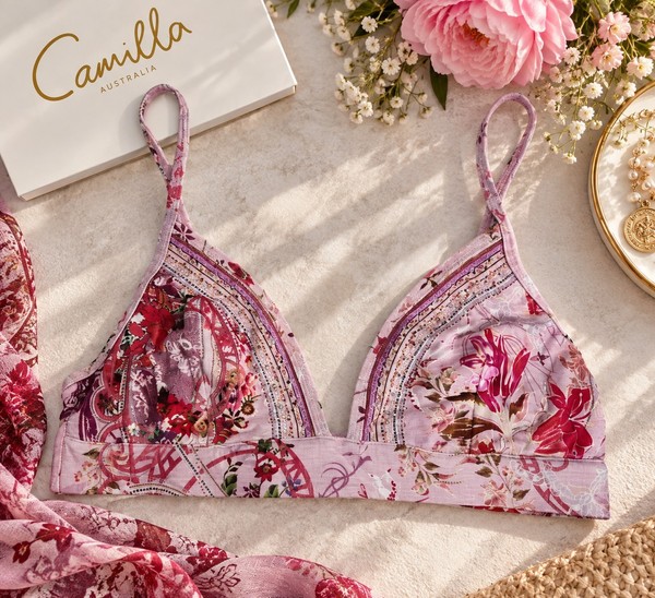 Camilla Pink Floral Crystal Embellished Underwire Bra Top C-D Cup Size M
