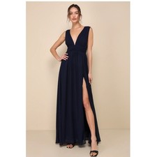 Lulus Heavenly Hues Navy Blue Deep V-Neck Pleated Chiffon Maxi Dress Large NWT