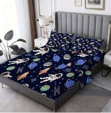 Navy Blue Space Sheets Set Twin for Boys Space Rocket Planets Bedding Set