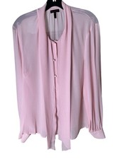 ESCADA 100% Silk Chiffon Sheer Blouse Sz 44 Pink Pearly Buttons Tie Long Sleeve