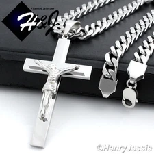 18-40"MEN Stainless Steel 9mm Silver Cuban Curb Chain Necklace Cross Pendant*J1