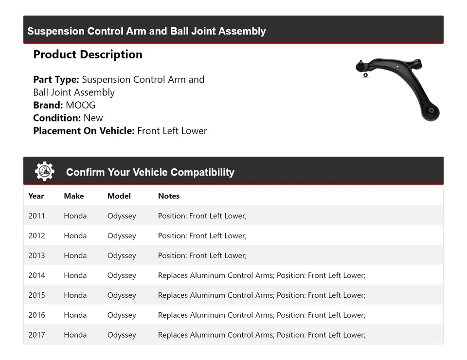 适用于 2011 - 2017 年本田 Odyssey 控制臂球接头 Assy 左下 M — 第 2/4 张图片