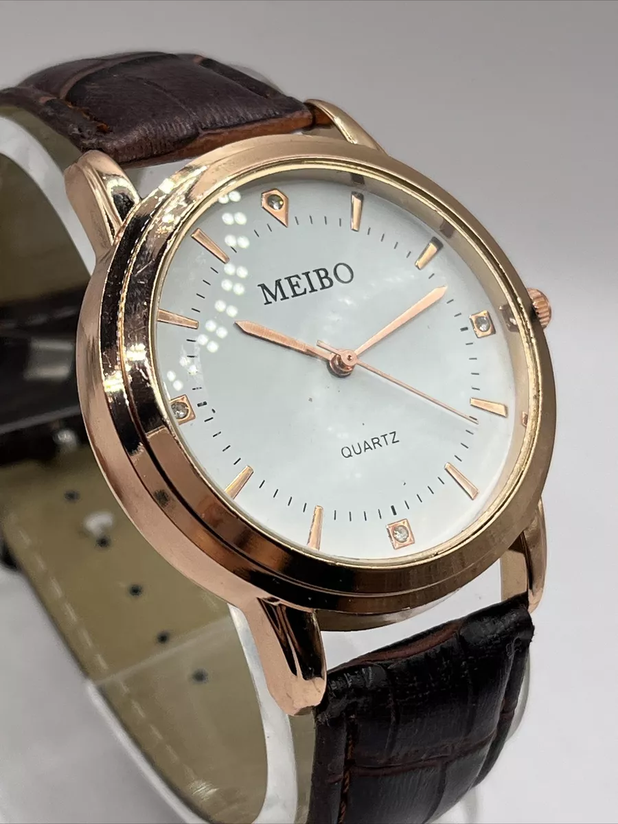 Meibo Men s Rose Gold Tone Watch Quartz Brown Faux Leather Strap