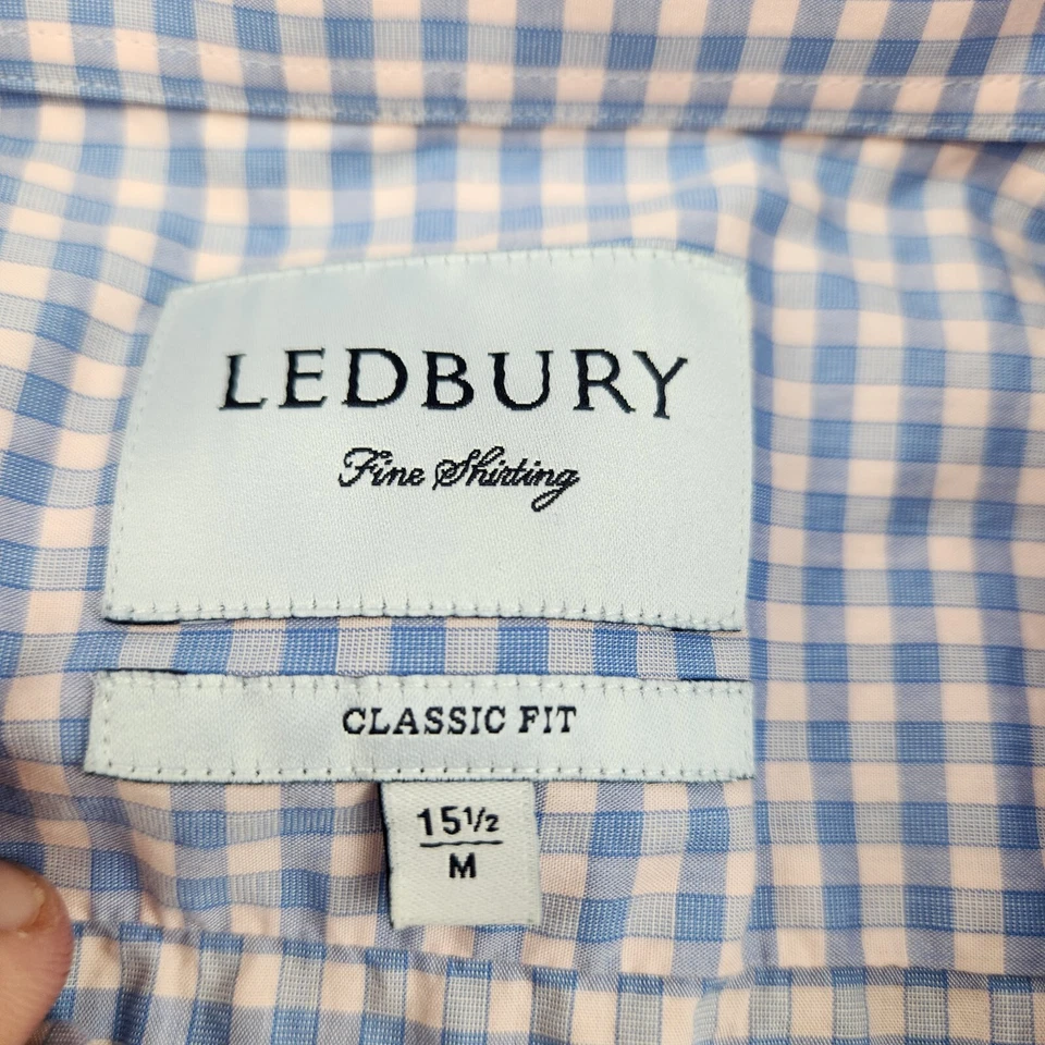 Ledbury 长袖纽扣男式蓝色粉红色格子棉衬衫 M 码 15 1/2 — 第 3/4 张图片