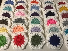 Lot of 30 4" ASSORTED COLORS WHITE Crochet HEXAGON Granny Squares Throw Blanket