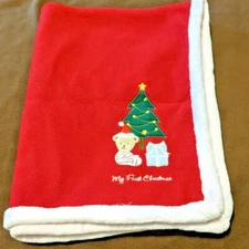 Kidsline Baby First Christmas Red Blanket White Trim Lovey Security Reversible