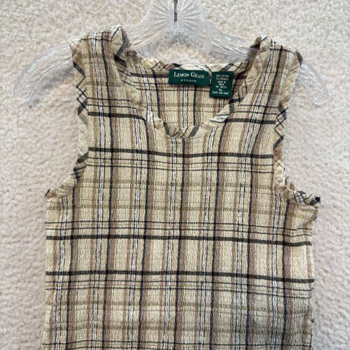 90s Vintage Smock Top XL Tan Beige Plaid Ruched Sleeveless - Picture 3 of 6