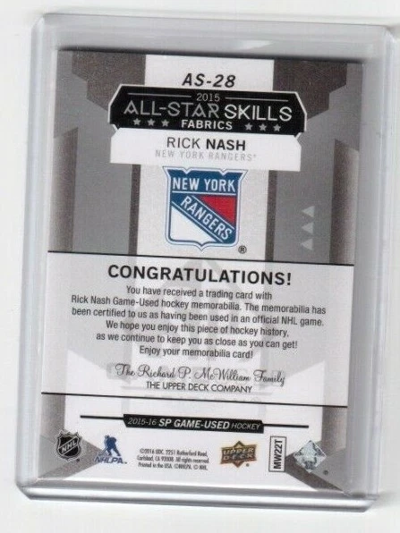 2015-16 SP Game Used All Star Skills Fabrics AS-28 Rick Nash New York Rangers  - Image 2 of 2
