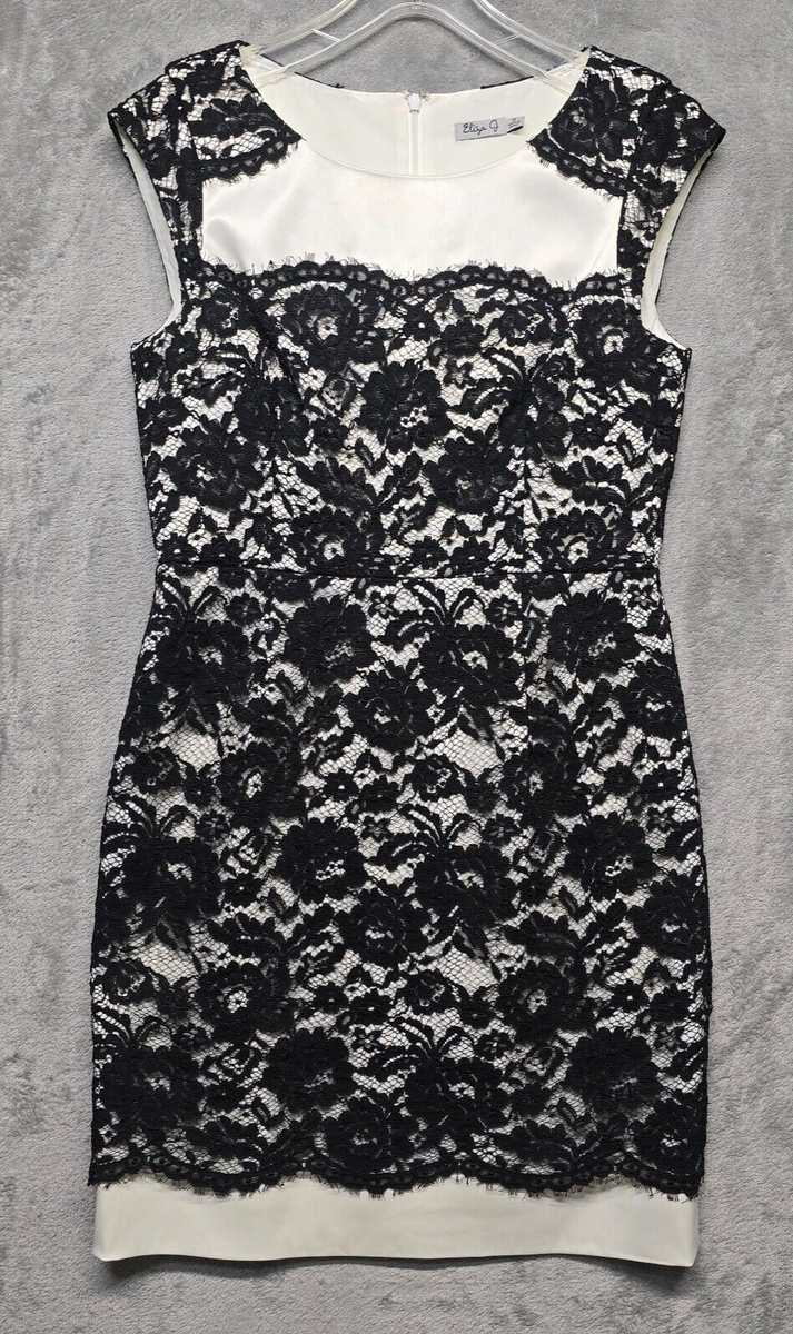 cream dress black lace overlay Eliza J Dress Womens 10 Cream Black Lace Overlay Lined Sheath Cocktail  Formal