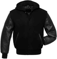 Letterman Baseball Varsity Jacket Hoodie Black Wool and Black Leather Sleeves