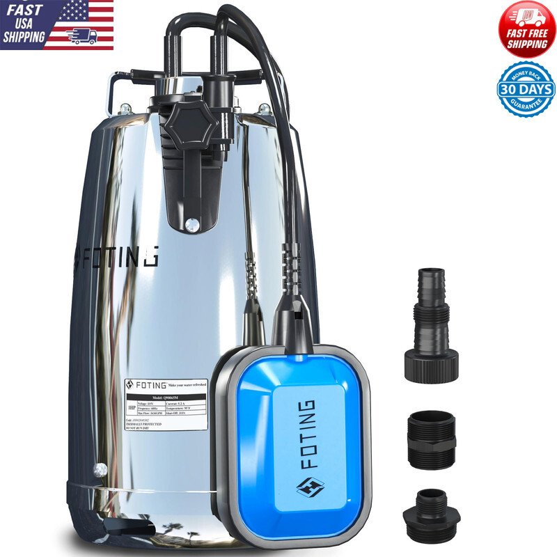 1HP Stainless Steel Sump Pump with 31Ft Float Switch 3434GPH for Basement or Pool