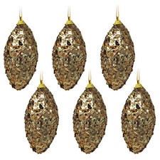 Gold Sequin Christmas Baubles Tree Teardrop Ornaments - Set of 6