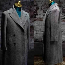 Men's Herringbone Wool Blend Long Coat Overcoat Double Breasted Winter Business