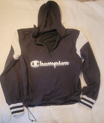 Champion 1/4 Zip Nylon Hooded Jacket Windbreaker Black and white.