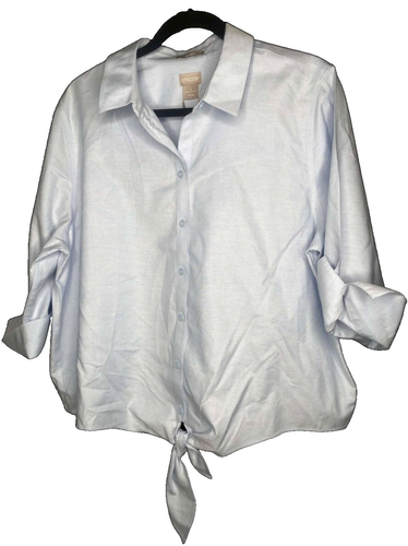 Camicia CHICO’S DONNA taglia 3 (XL) BLU CHAMBRAY MANICA 3/4 POLSINI NUOVA lagenlook