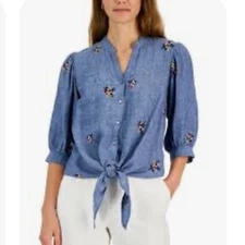 Charter Club Women’s Size XL 100% Linen 3/4 Tie Waist Blouse Floral Embroidery