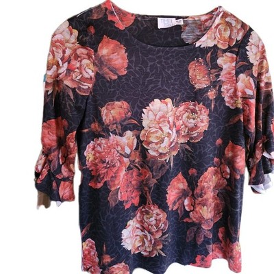 Time And Tru Floral Top M (8-10) With Sparkling Rhinestones 3/4 Ruffle Sleeve