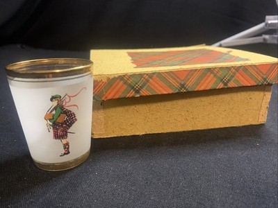 Mid-Century Irish  Scottish Lad  Gold Rimmed Shot Glasses Set Of 6 Flawless Orig