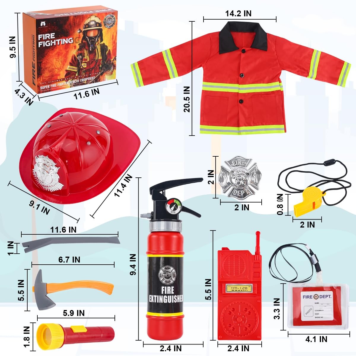 Fireman Costume for Kids, 10 Pcs Firefighter Costume with Toy Accessories Set,