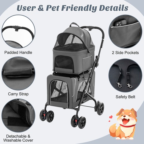 Double Pet Stroller for 2 Dogs or Cats w/ 2 Detachable Carriers Safety Belt Gray - Picture 10 of 10