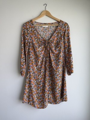 Lefties Floral Mini Dress Womens Small Orange Purple Ruched Cottagecore Boho