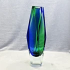 VTG MCM Murano Mandruzzato Sommerso Art Glass 12" Geometric Edges Blue & Green