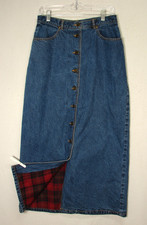 Vtg Eddie Bauer Button Front Cotton Plaid Flannel Lined Denim Maxi Skirt Size 6
