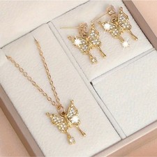 Butterfly Charm Necklace Earrings 2 Piece Set Gold Tone Crystal Chic Trendy NEW