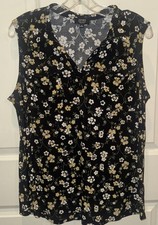 Jones New York Signature Black Floral Collared Sleeveless Pockets Blouse Large