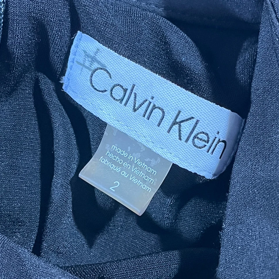 Calvin Klein Dress Womens 2 Black Faux Leather Mock Neck Fit & Flare Belted - Image 3 of 4