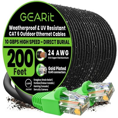Cat6 Ethernet Cable 200ft, Outdoor Direct Burial Cat 6 Cable 24AWG High Speed...