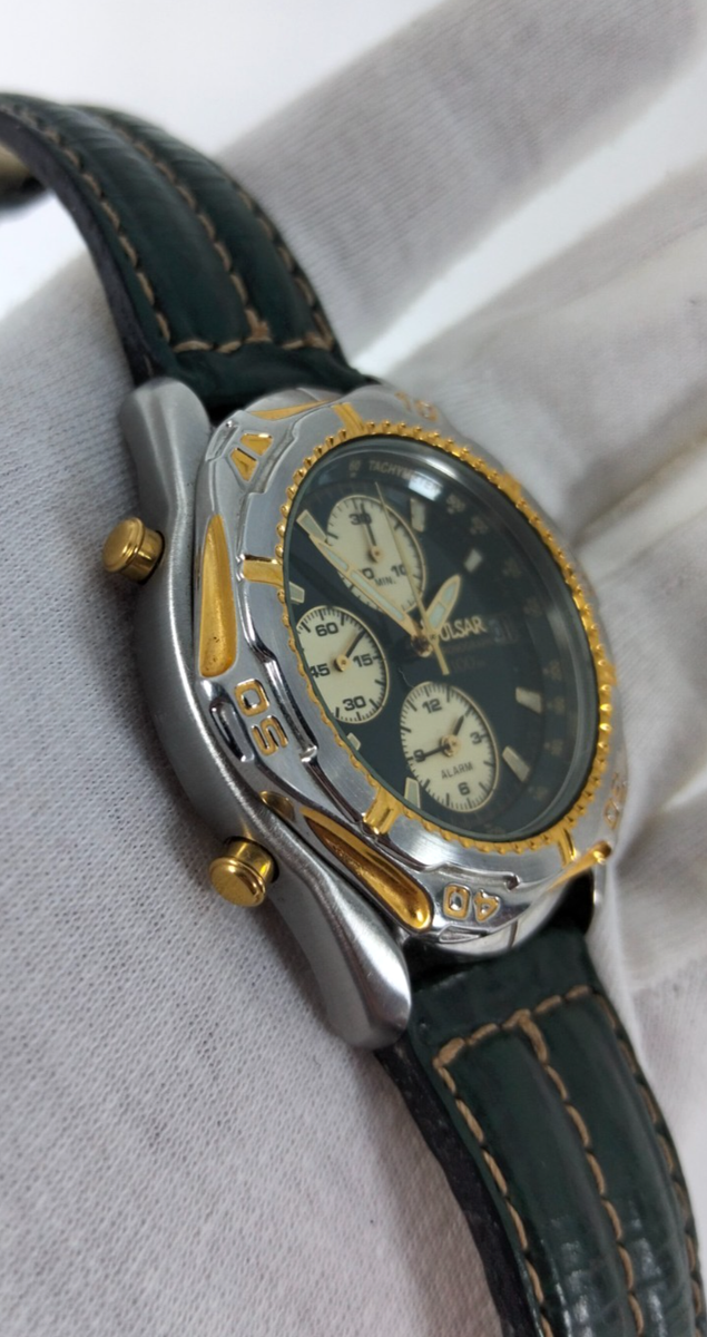 Pulsar by Seiko Y182 Chronograph Alarm Green Dial Two-Tone 100M