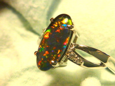 Women's Opal Ring  Sterling Silver & CZ 12 x 6mm Oval Shape Triplet # 130281.