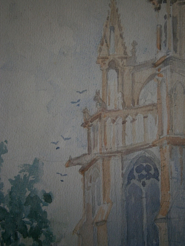 Peinture Aquarelle Paysage décor Eglise Gothique 1919 Cadre Ancien - Imagen 8 de 10