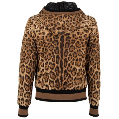 DOLCE & GABBANA Leopard Print Hooded Bomber Jacket with Logo Brown 