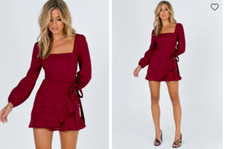 Princess Polly Burgundy The Villa Long Sleeve Ruffle Mini Faux Wrap Dress size 4