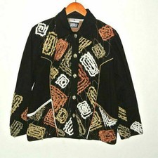 Vintage Yak Magik Womens Small S Applique Blazer Jacket Brown Black Geometric