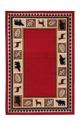 Red Wildlife Bear Moose Rustic Lodge Cabin Carpet Area Rug - 631